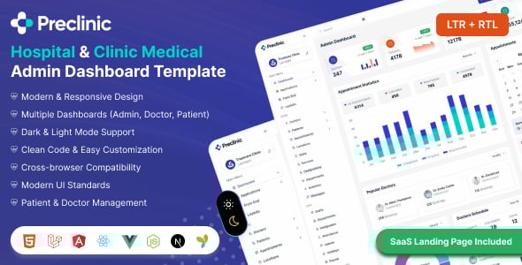 Preclinic - Medical & Hospital Admin Dashboard Template for Healthcare Management (HTML, React)