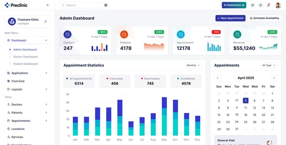 Preclinic - Medical & Hospital Admin Dashboard Template for Healthcare Management (HTML, React)