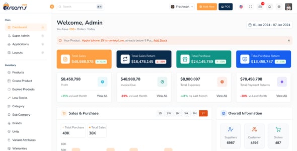 DreamsPOS - POS, Sales Analytics & Inventory Management Dashboard (React, Vue, Angular, Laravel)