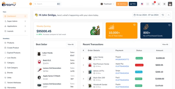 DreamsPOS - POS, Sales Analytics & Inventory Management Dashboard (React, Vue, Angular, Laravel)