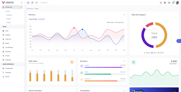 Vristo – Tailwind Admin Template HTML, Angular 18, NextJS App Router, ReactJS, VueJS, Nuxt, Laravel